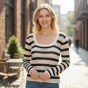 Absolutely Famous Ivory Black Stripe Open Knit Crochet Sweater XL Parisian Chic